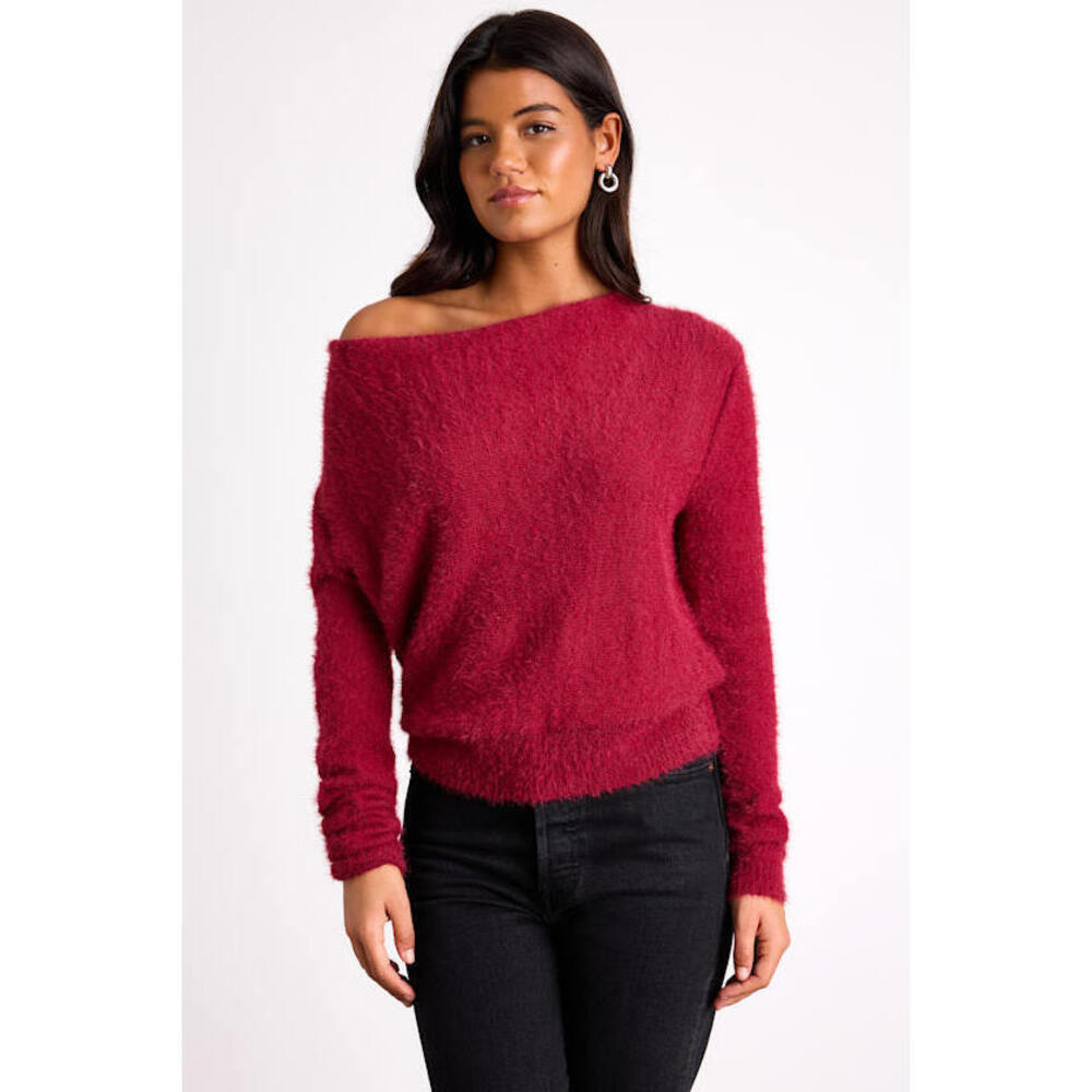 Lulus Care For You Berry Red Eyelash Knit Cowl Neck Reversible Sweater - Size XS